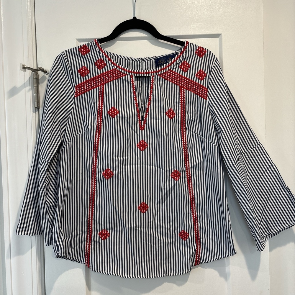 Striped Navy and White Embroidered Women's Top with Red Accents